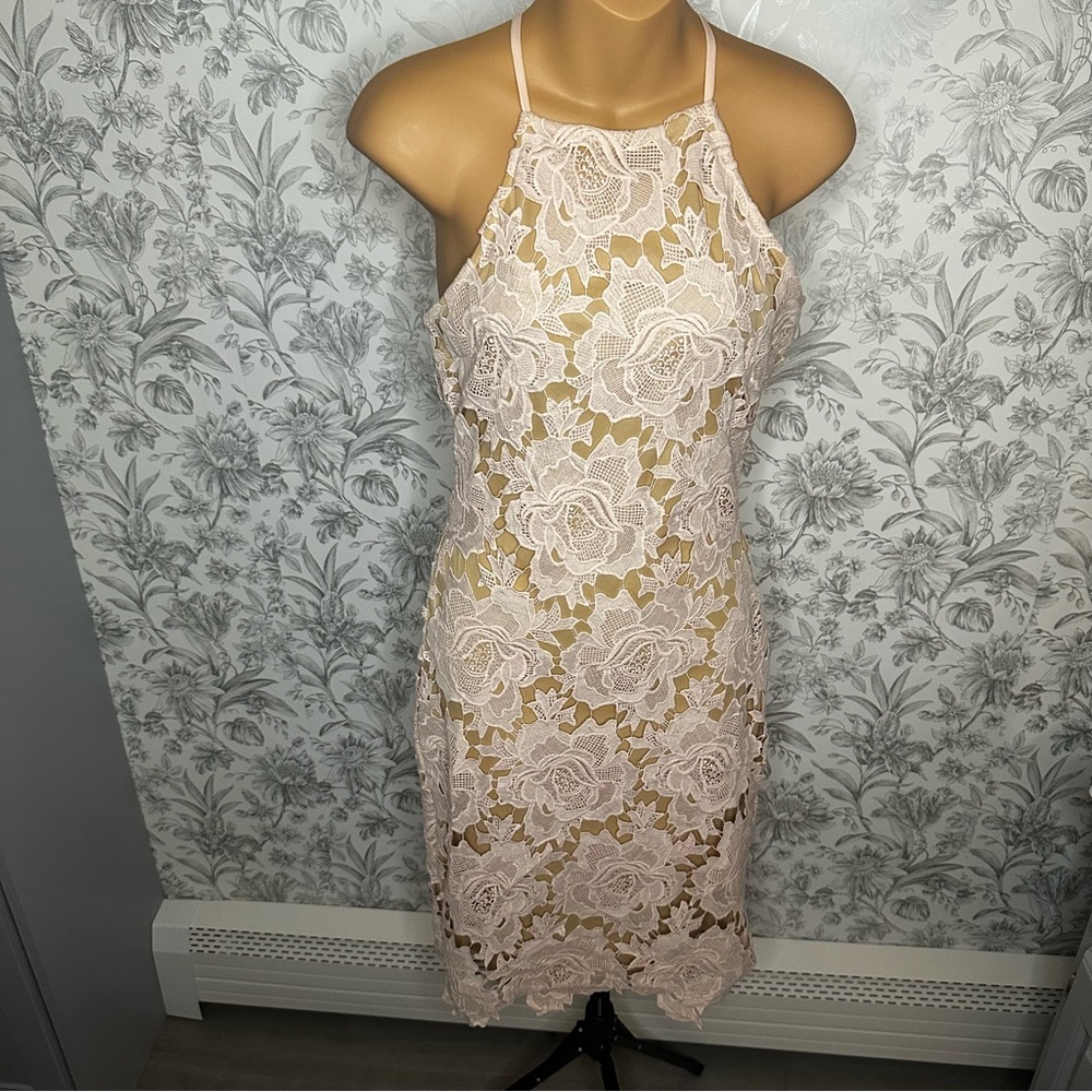 NWT Just Me Pink Floral Lace Halter Bodycon Dress Small